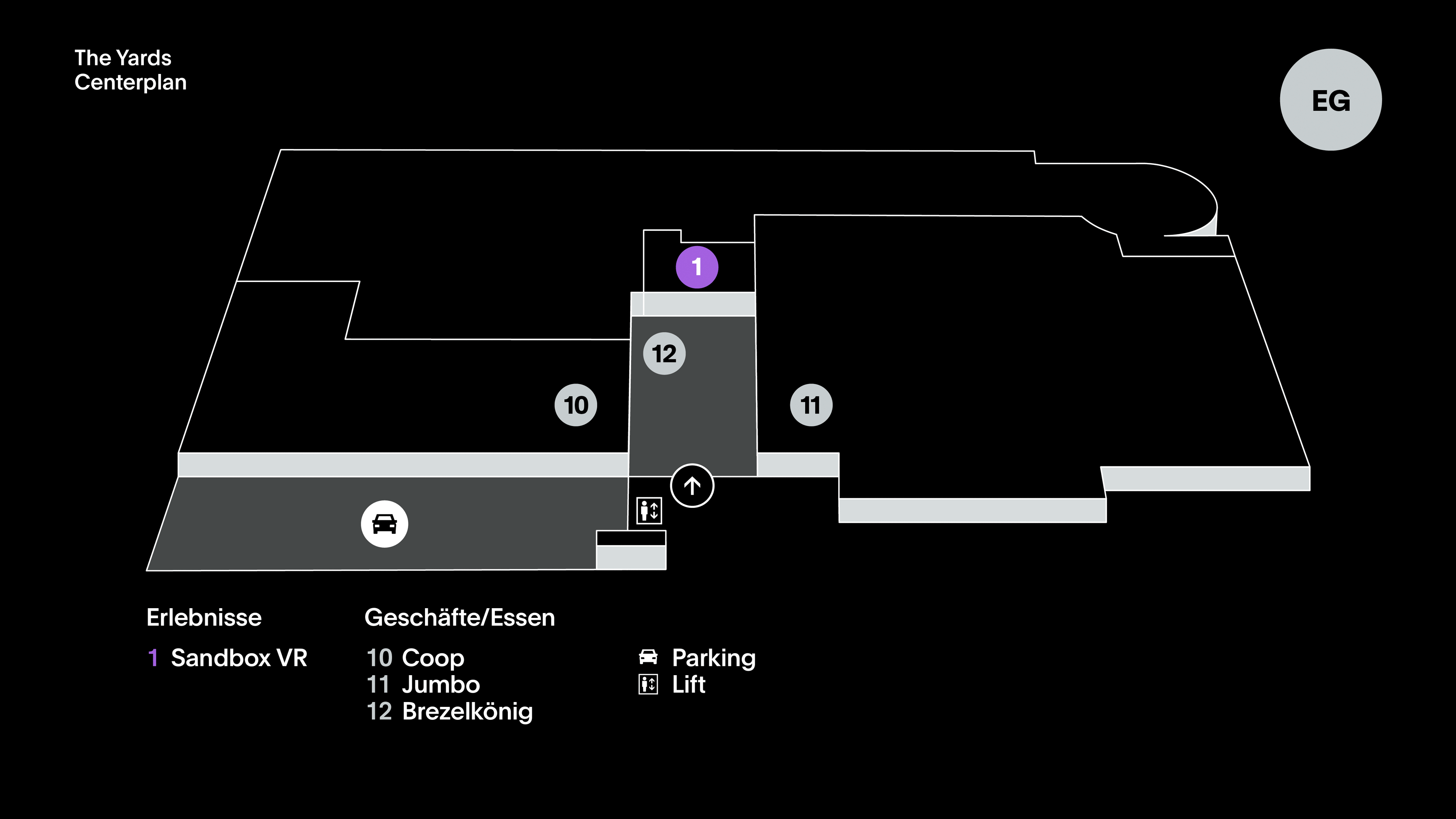 Centerplan von The Yards in Rümlang mit Erlebnissen, Gastronomie, Geschäften, Parking, Lift, Toiletten und Infopoint.