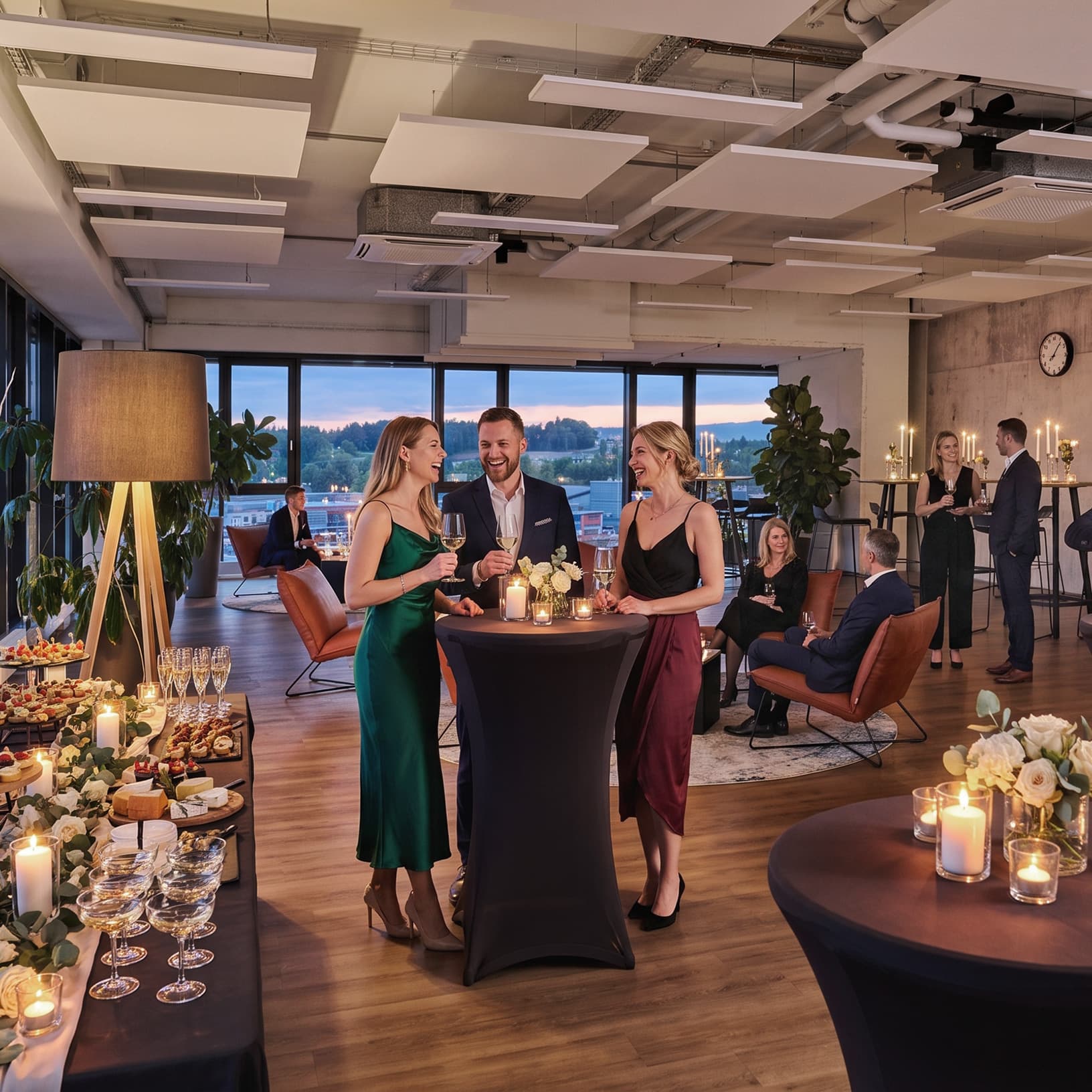 Gäste geniessen einen festlichen Apéro an Stehtischen bei The Yards Events.