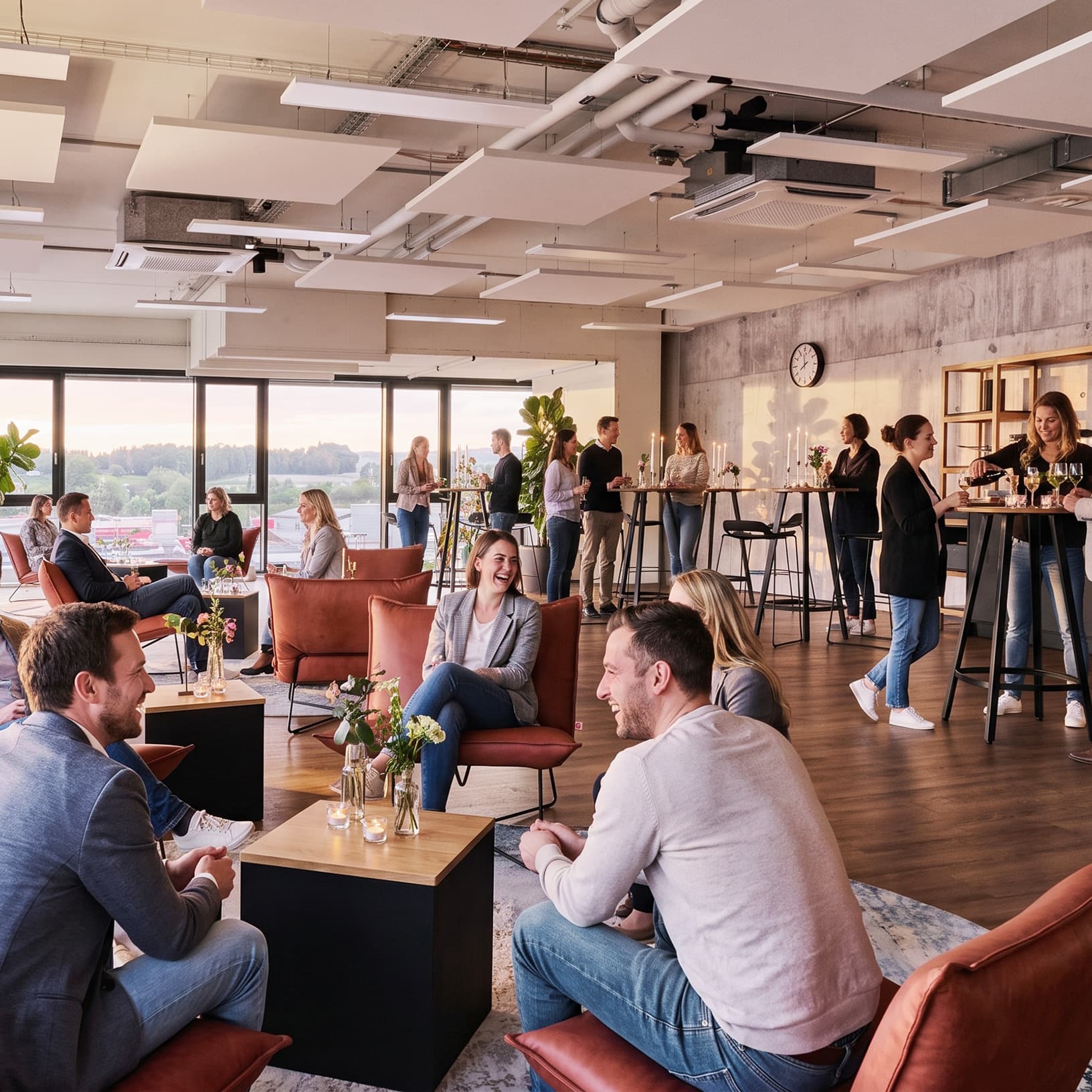 Gäste unterhalten sich in der Lounge und an Stehtischen bei einem Firmenanlass in The Yards Events.