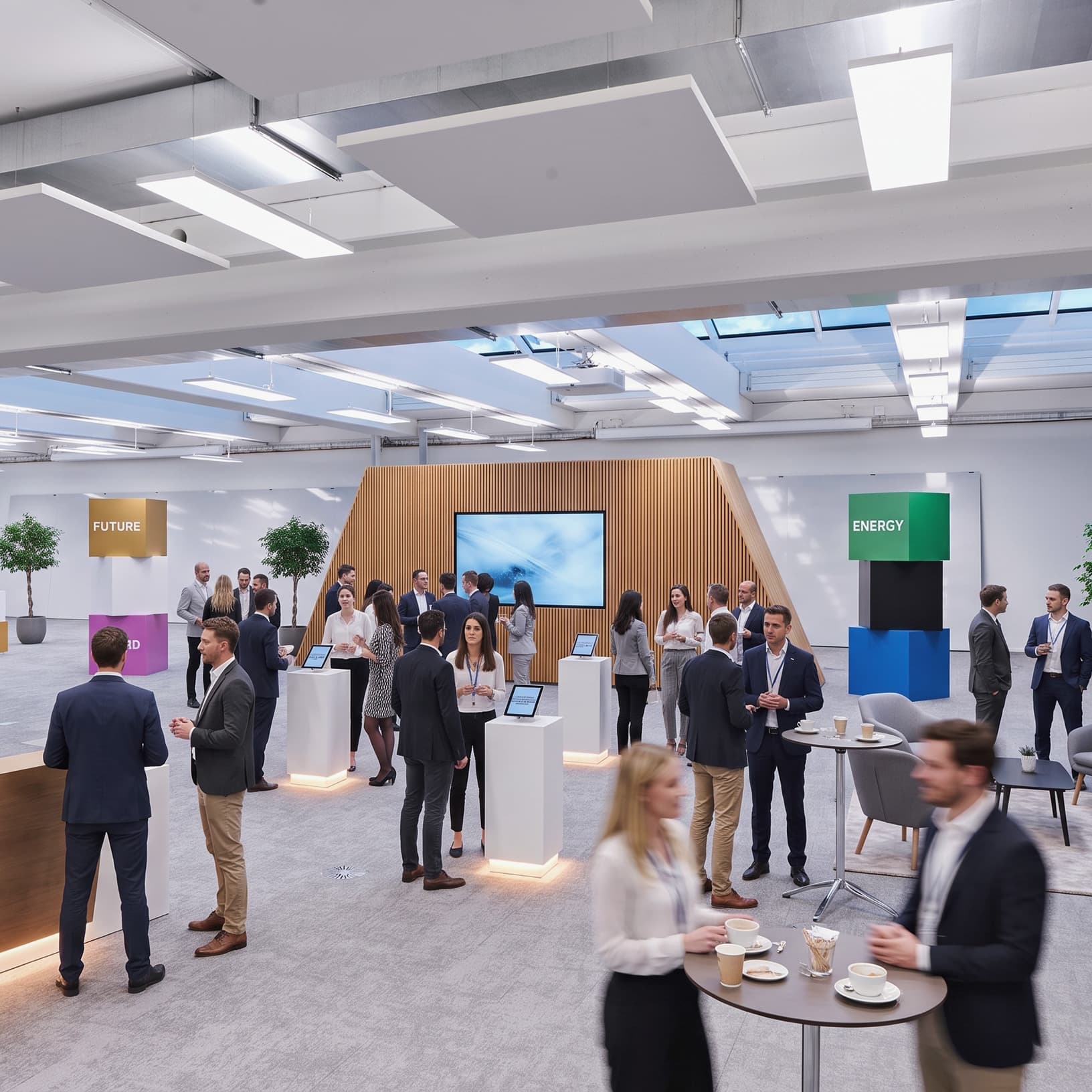 Gäste an einem Kundenevent mit Präsentationsstationen und Stehtischen bei The Yards Events.