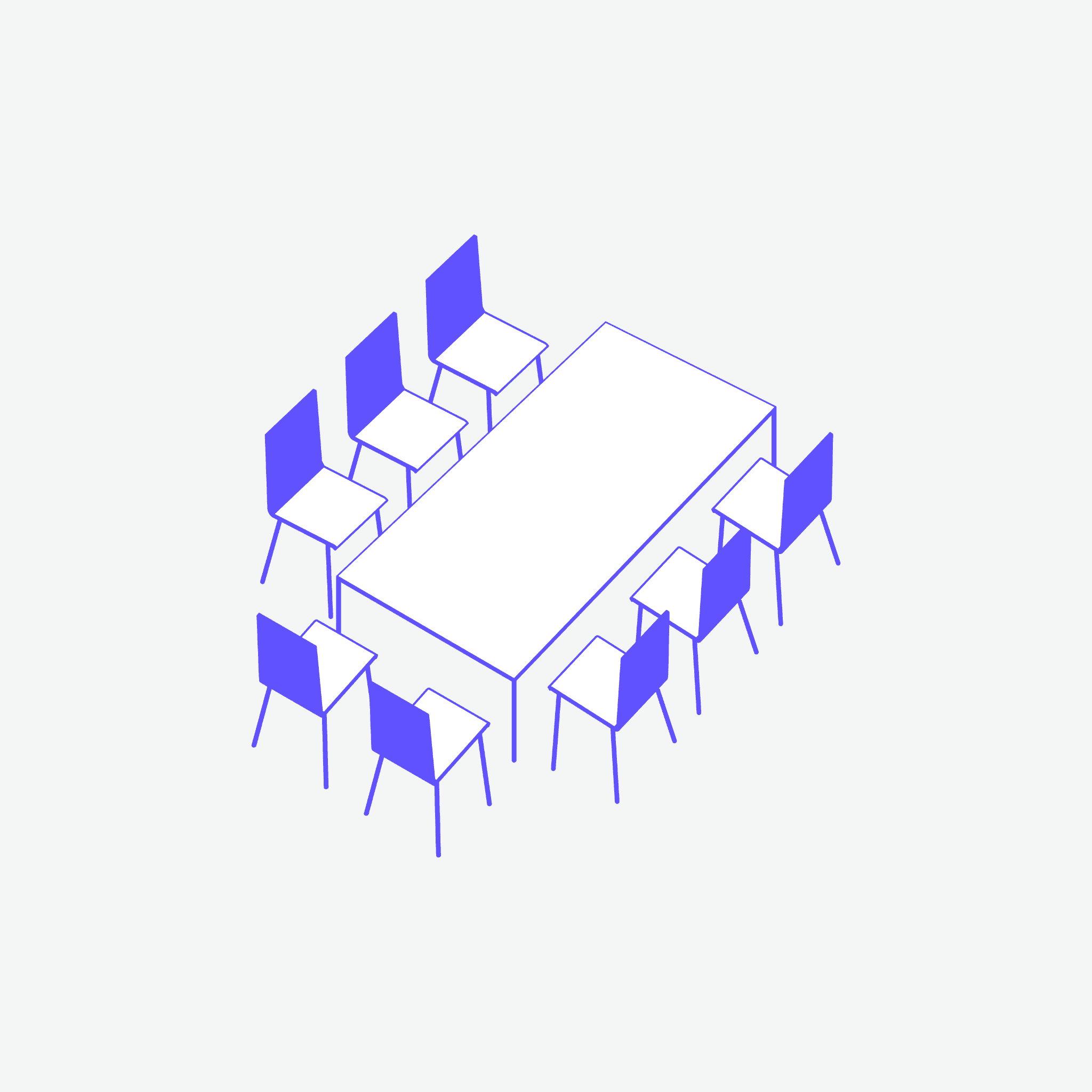 Illustration U-Form: Tisch mit Stühlen an drei Seiten, eine Seite offen.