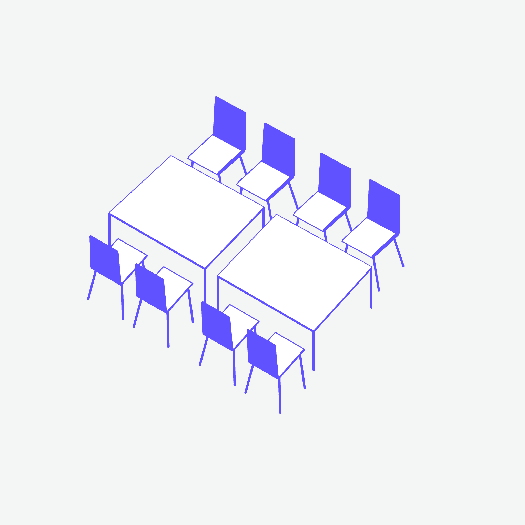 Illustration Workshopbestuhlung: zusammengestellte Gruppentische mit Stühlen auf beiden Seiten.