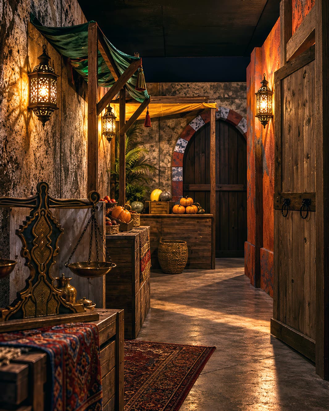 Orientalische Basargasse mit Laternen, Marktständen, Teppichen und einer Waage im Aladdin-Rätselraum von Mission Escape Zürich.