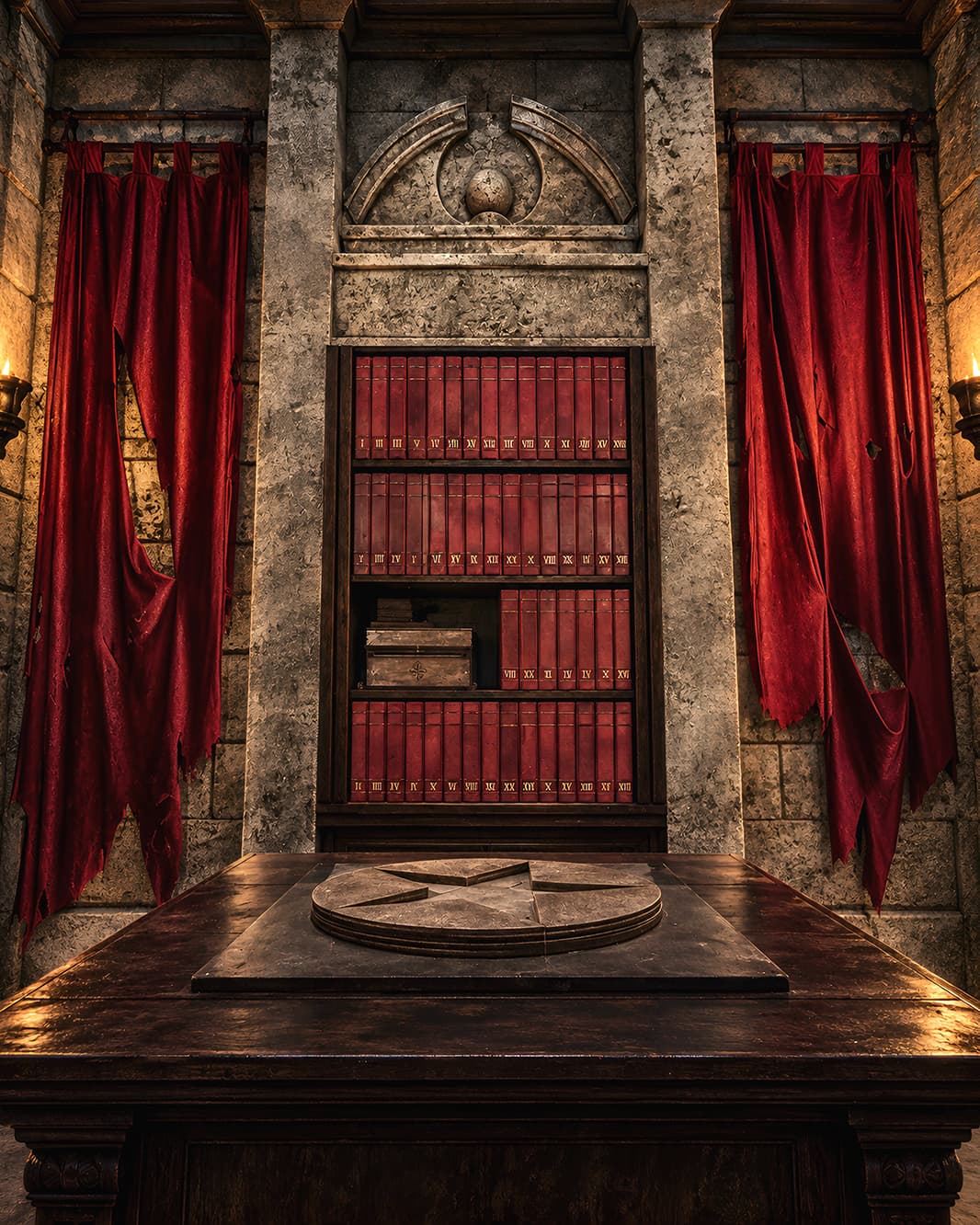 Geheimnisvoller Raum mit roten Büchern, schweren Vorhängen und Steinsäulen im Dracula-Erlebnis von Mission Escape Zürich.