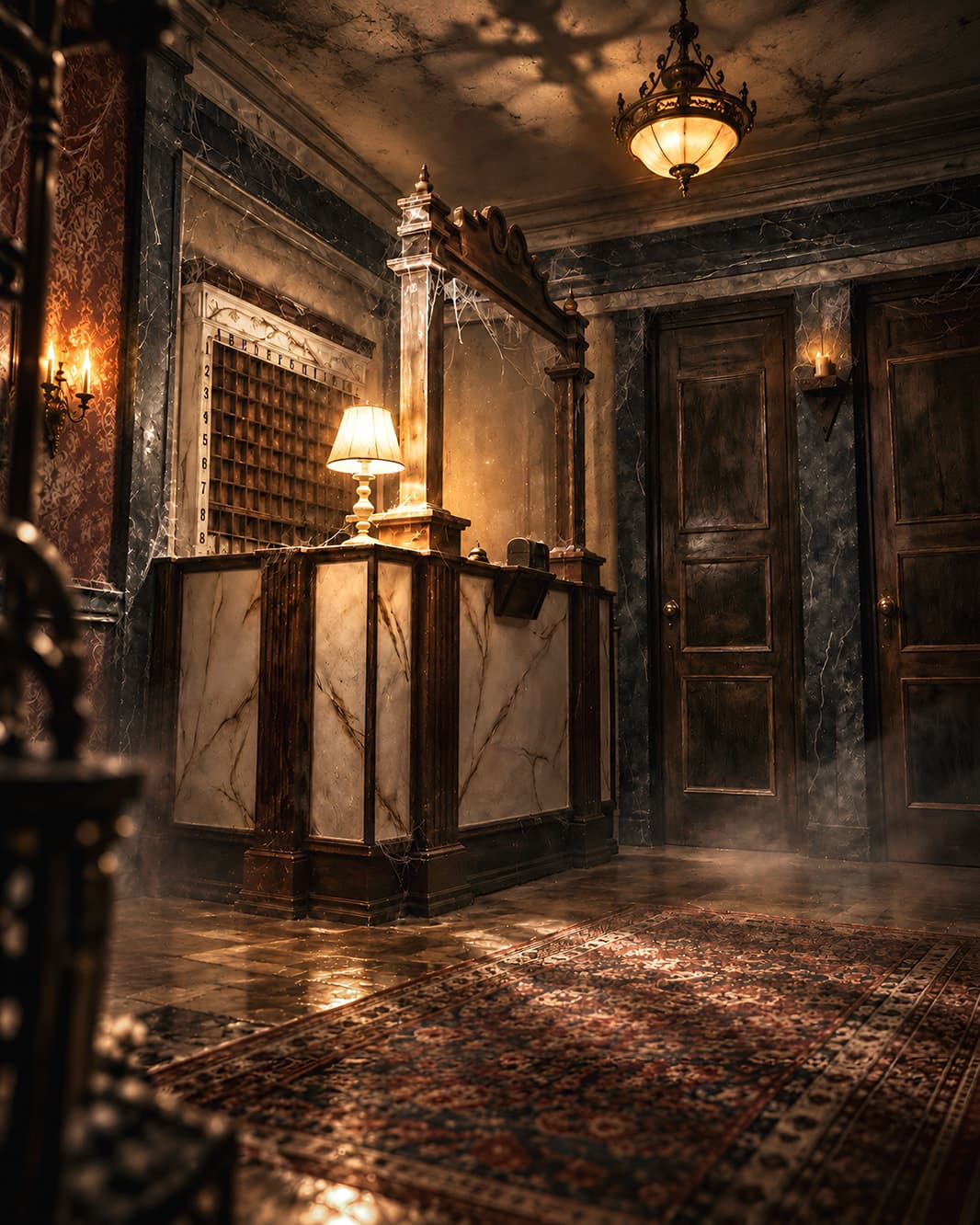 Verlassene Hotelrezeption mit antikem Tresen, Spinnweben und verschlossenen Türen im Nightmare Hotel von Mission Escape Zürich.