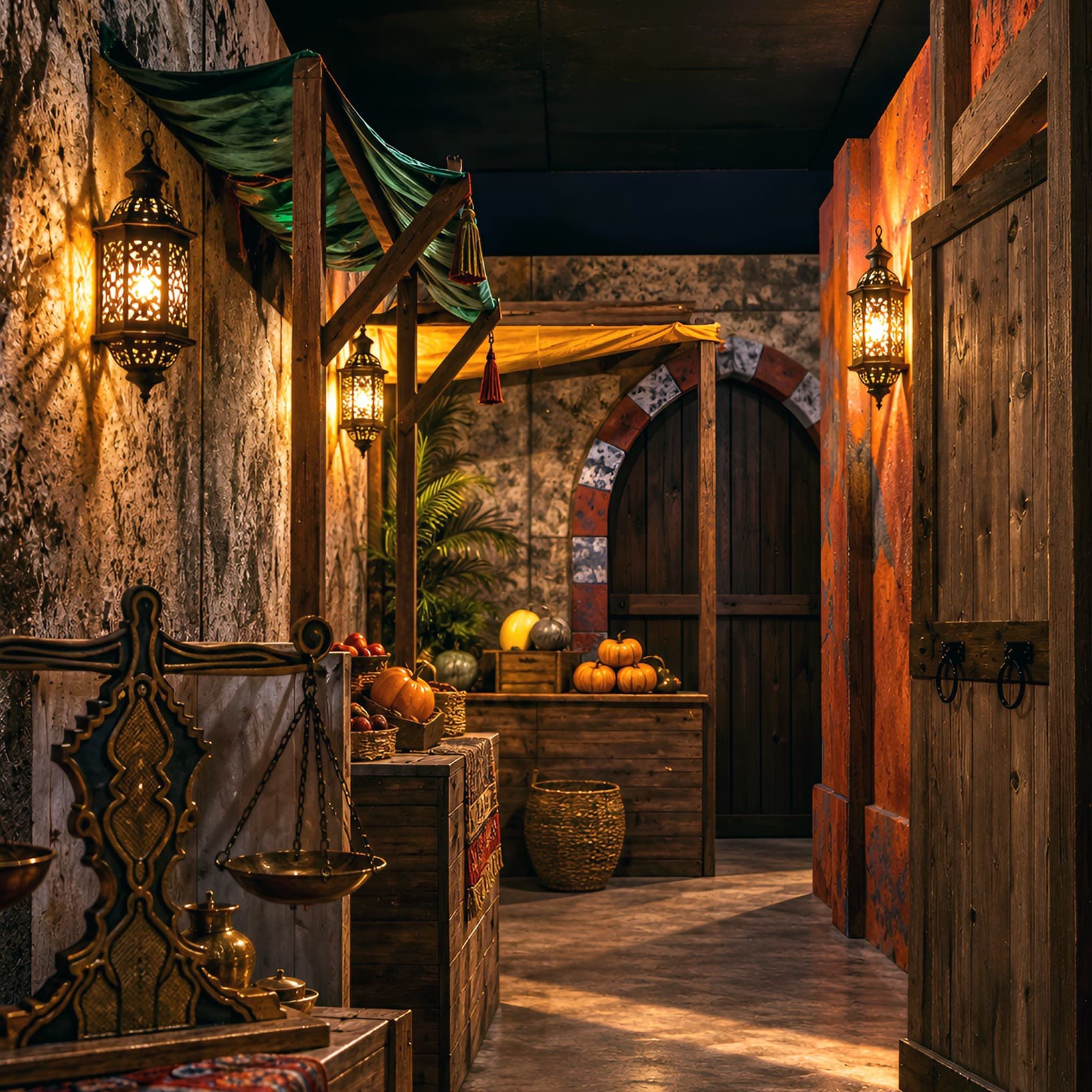 Orientalisch gestalteter Rätselraum mit Laternen, Holztüren und dekorativen Requisiten bei Mission Escape Zürich.