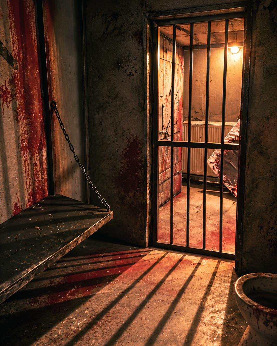 Düstere Gefängniszelle mit Gittertür und schummriger Beleuchtung im Walking-Death-Erlebnis von Mission Escape Zürich.