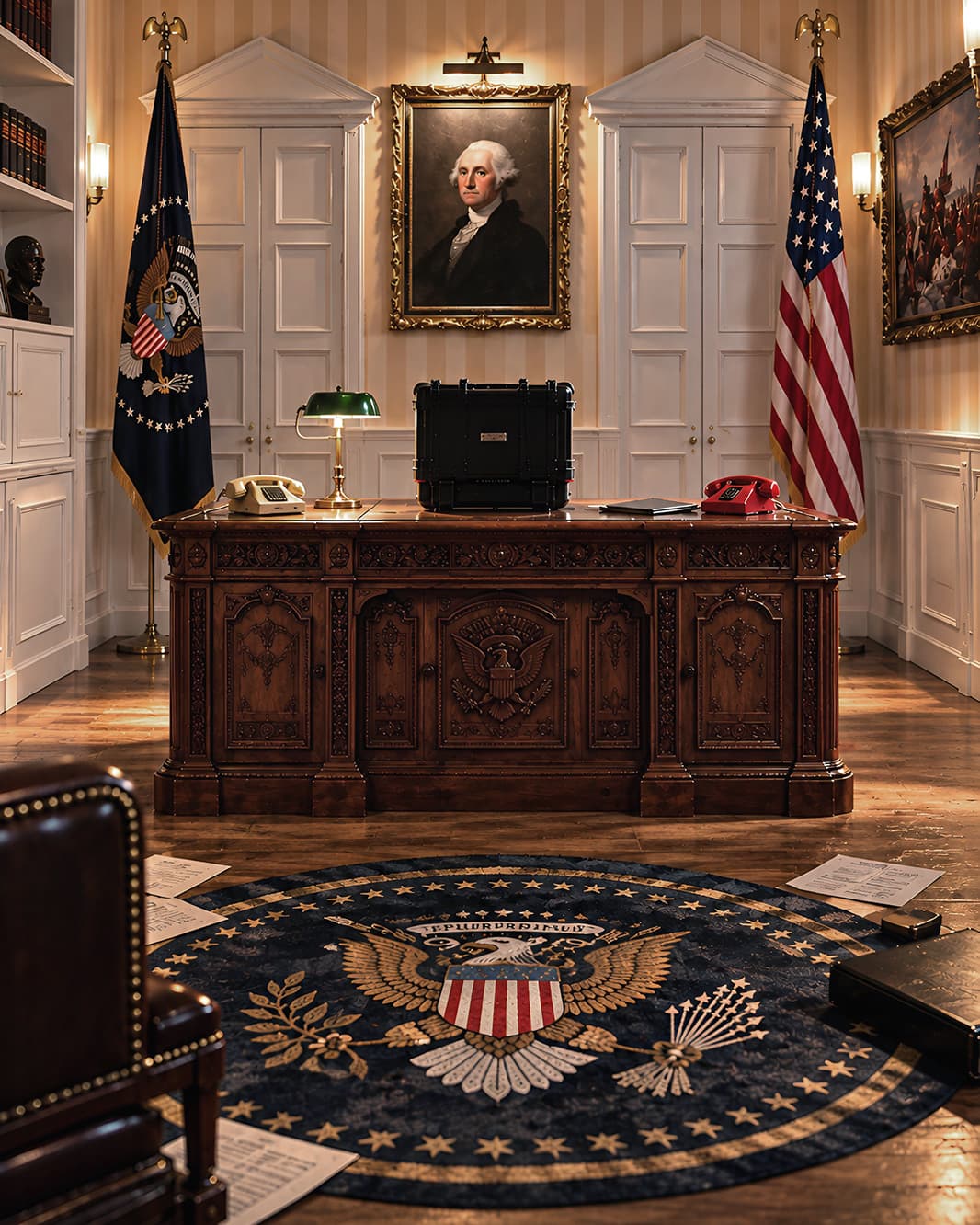 Nachgebildetes US-Präsidentenbüro mit grossem Holzschreibtisch, Porträt und amerikanischen Flaggen bei Mission Escape Zürich.