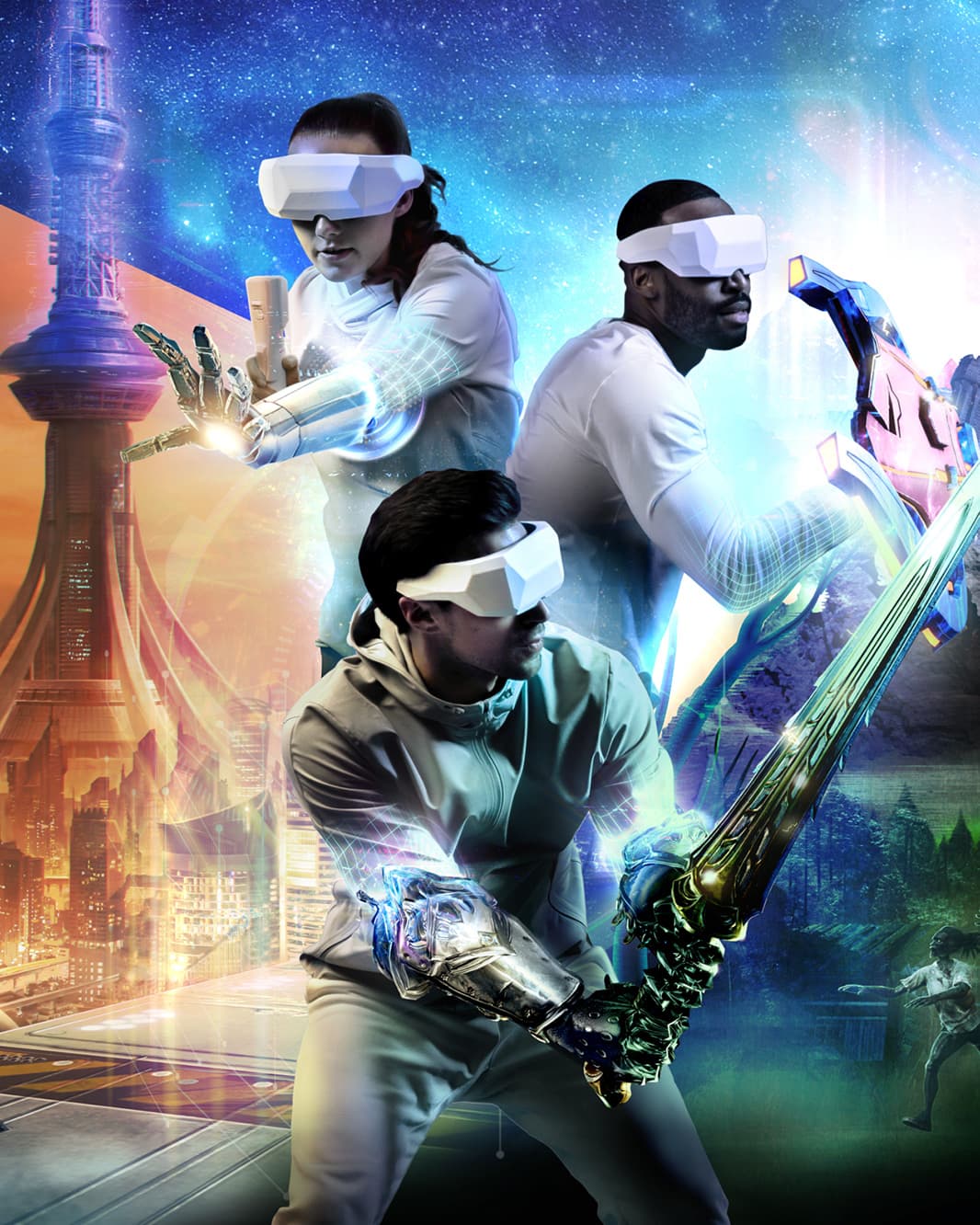 Futuristische Illustration von drei VR-Spielern mit leuchtenden Waffen und Effekten zwischen fantastischen Spielwelten.