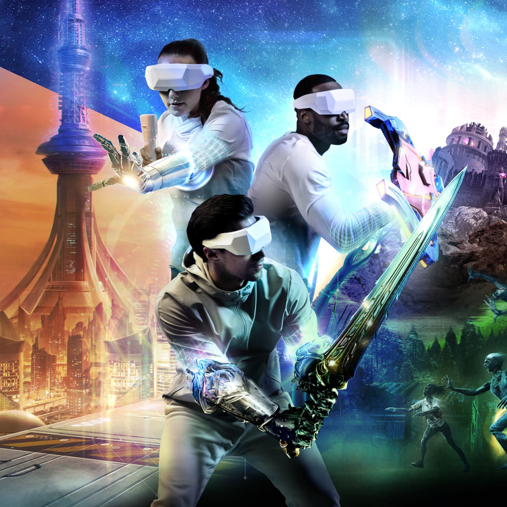 Futuristische Illustration mit drei Personen und VR-Brillen in fantastischen Spielwelten von Sandbox VR bei The Yards.